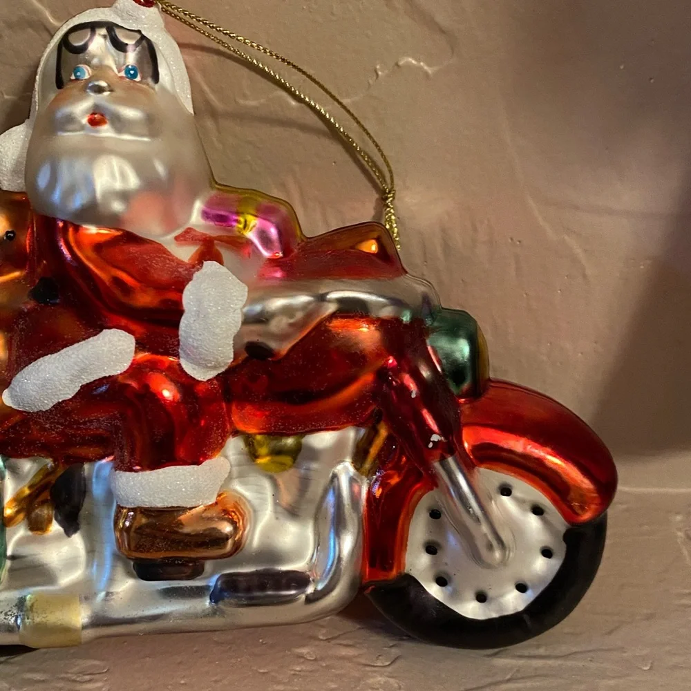 Vtg Glass Santa Motorcycle Christmas Tree Ornament